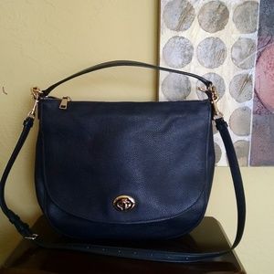 Coach Turnlock Pebbled Leather Hobo Handbag - Navy